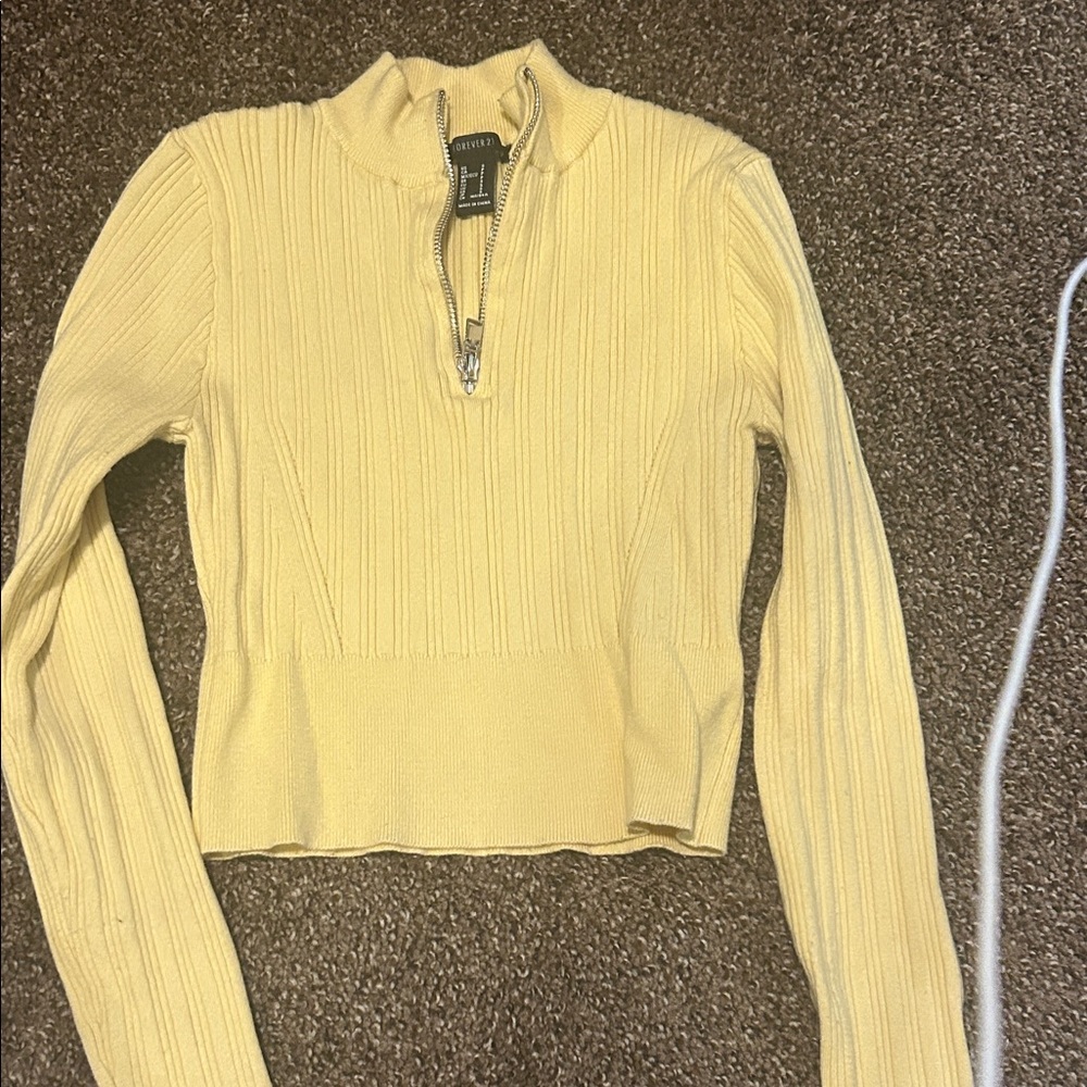 Forever 21 Yellow Ribbed Zip-Up Sweatshirt